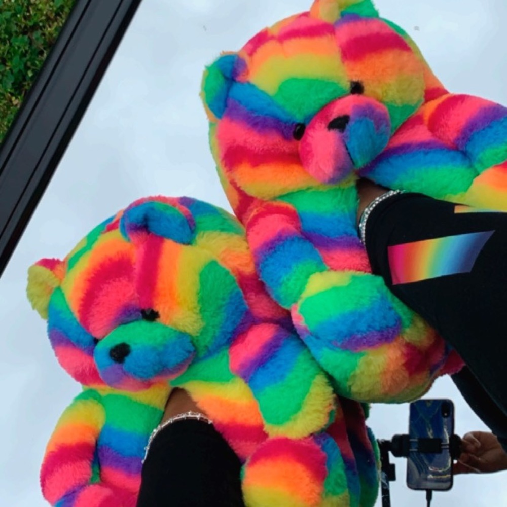 Gigantic rainbow teddy bear slippers🌈🐻